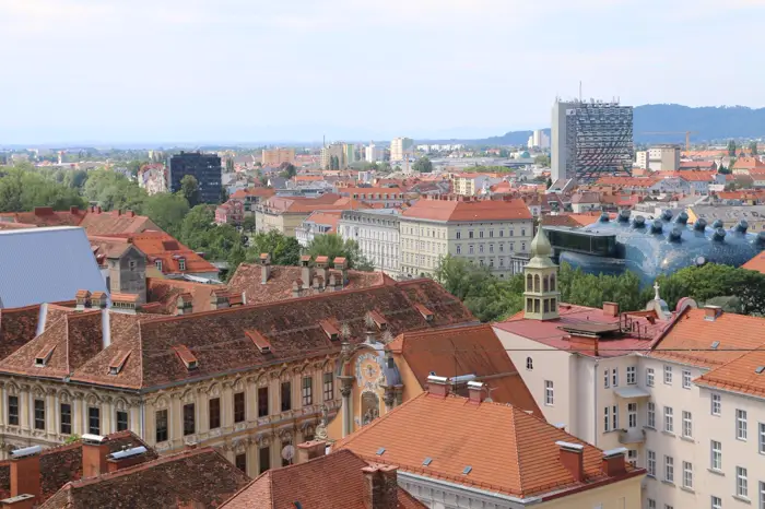 Aerial view of Graz with its red tiled rooftops and the river Mur.