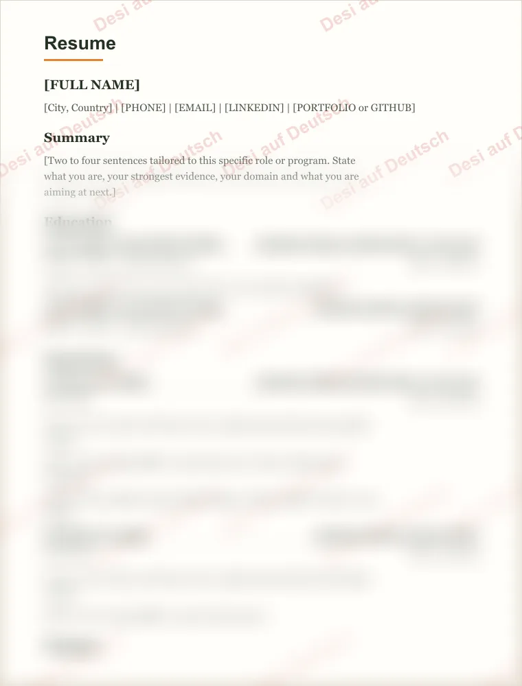 The first page of the one page CV template, watermarked.